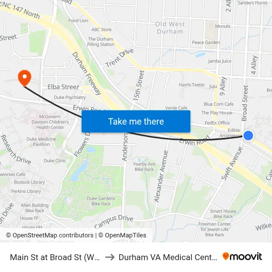 Main St at Broad St (Wb) to Durham VA Medical Center map