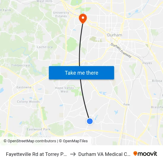 Fayetteville Rd at Torrey Pine Ln to Durham VA Medical Center map