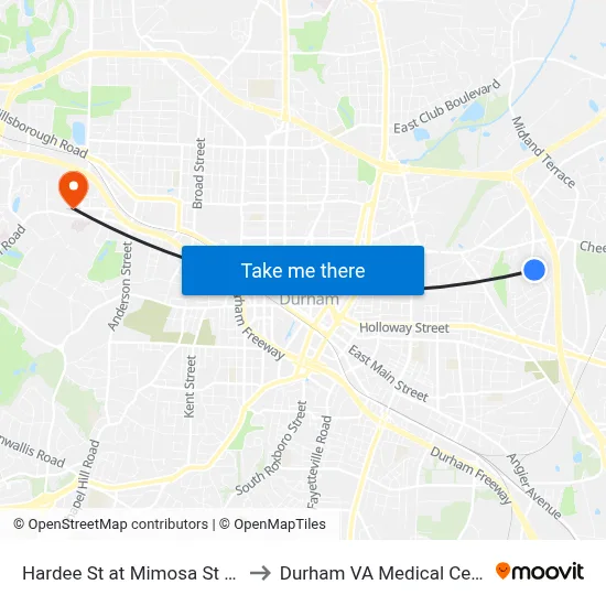 Hardee St at Mimosa St (Sb) to Durham VA Medical Center map