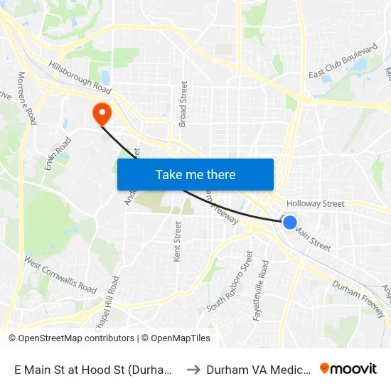 E Main St at Hood St (Durham Police Dept to Durham VA Medical Center map