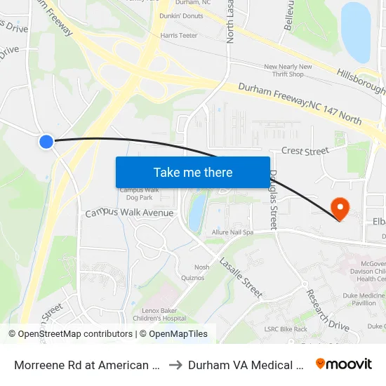 Morreene Rd at American Dr (Sb) to Durham VA Medical Center map