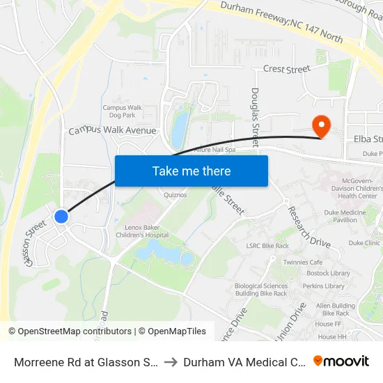 Morreene Rd at Glasson St (Sb) to Durham VA Medical Center map