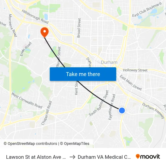 Lawson St at Alston Ave (Wb) to Durham VA Medical Center map