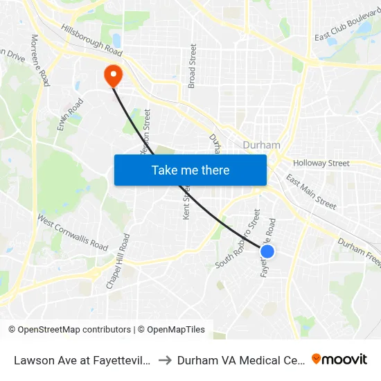Lawson Ave at Fayetteville St to Durham VA Medical Center map