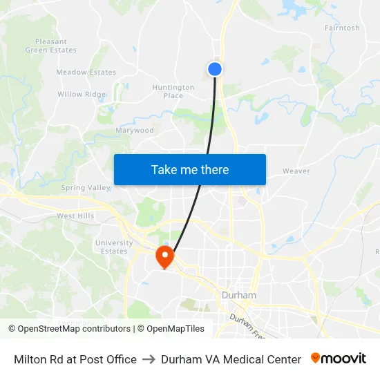 Milton Rd at Post Office to Durham VA Medical Center map