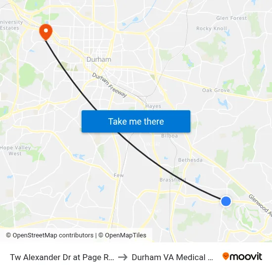 Tw Alexander Dr at Page Rd (Eb) to Durham VA Medical Center map