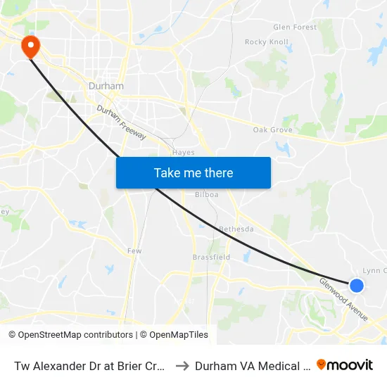 Tw Alexander Dr at Brier Creek Pkwy to Durham VA Medical Center map