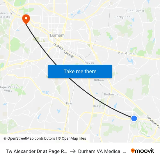 Tw Alexander Dr at Page Rd (Wb) to Durham VA Medical Center map