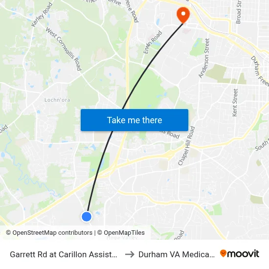 Garrett Rd at Carillon Assisted Living C to Durham VA Medical Center map