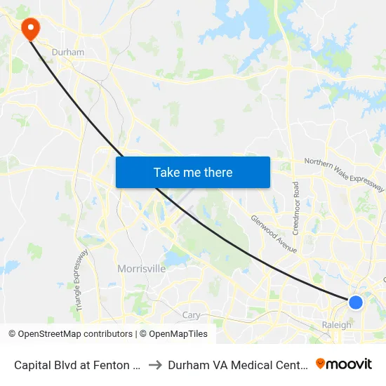 Capital Blvd at Fenton St to Durham VA Medical Center map