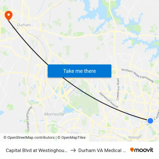 Capital Blvd at Westinghouse Blvd to Durham VA Medical Center map