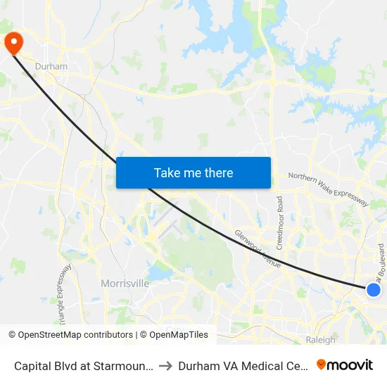 Capital Blvd at Starmount Dr to Durham VA Medical Center map