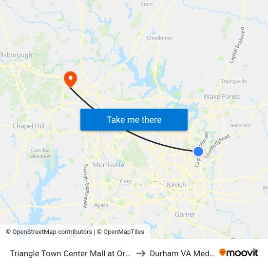 Triangle Town Center Mall at Orvis (Park And Ride) to Durham VA Medical Center map