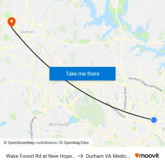 Wake Forest Rd at New Hope Church Rd to Durham VA Medical Center map