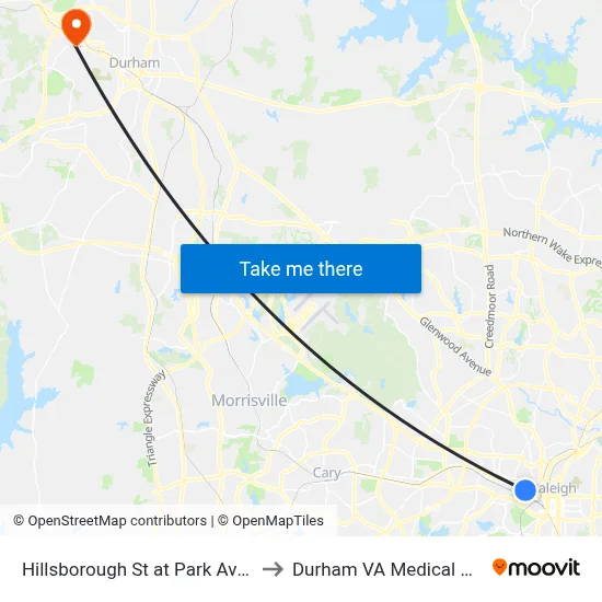 Hillsborough St at Park Ave (Wb) to Durham VA Medical Center map