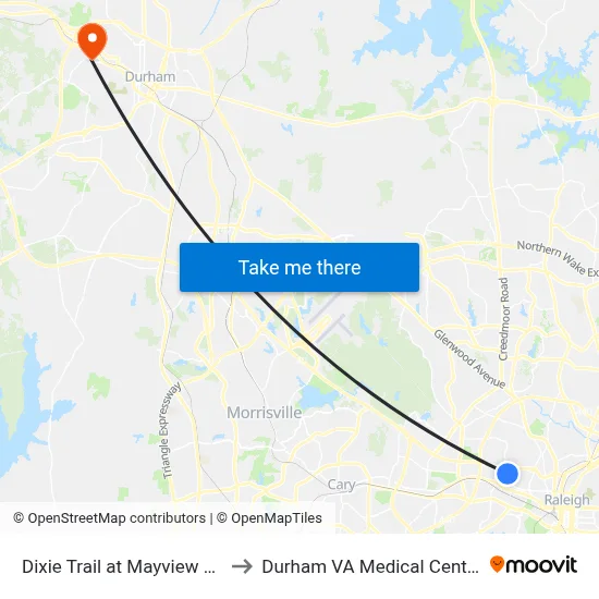 Dixie Trail at Mayview Rd to Durham VA Medical Center map