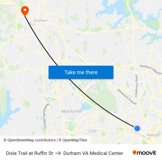 Dixie Trail at Ruffin St to Durham VA Medical Center map