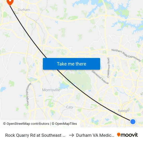 Rock Quarry Rd at Southeast Raleigh Ymca to Durham VA Medical Center map