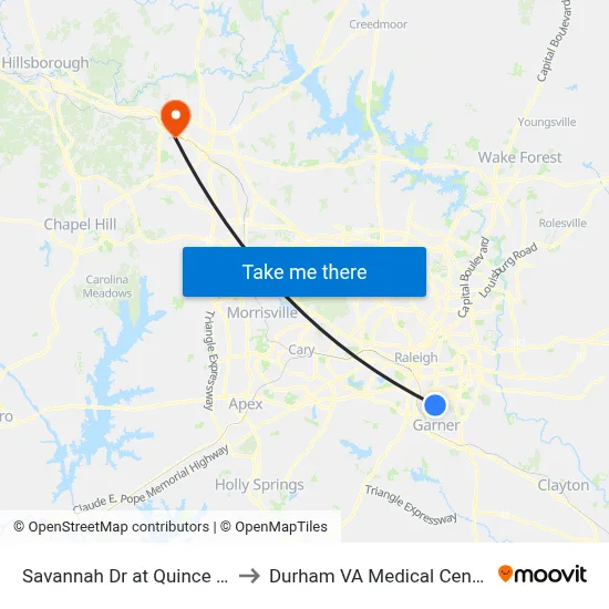Savannah Dr at Quince Dr to Durham VA Medical Center map