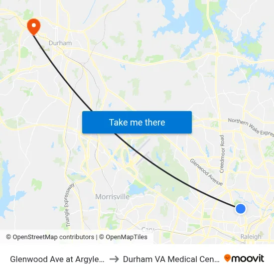 Glenwood Ave at Argyle Dr to Durham VA Medical Center map