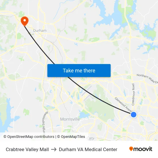 Crabtree Valley Mall to Durham VA Medical Center map