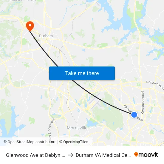 Glenwood Ave at Deblyn Ave to Durham VA Medical Center map