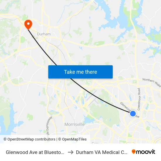 Glenwood Ave at Bluestone Dr to Durham VA Medical Center map