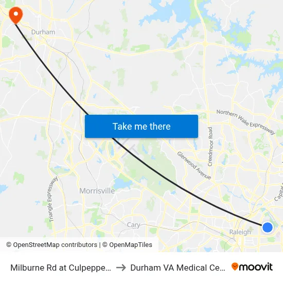 Milburne Rd at Culpepper Ln to Durham VA Medical Center map