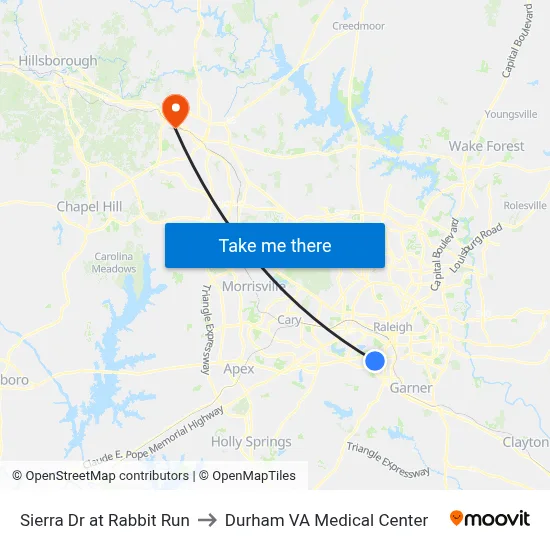 Sierra Dr at Rabbit Run to Durham VA Medical Center map