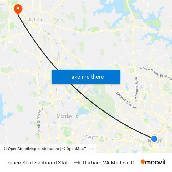 Peace St at Seaboard Station Dr to Durham VA Medical Center map