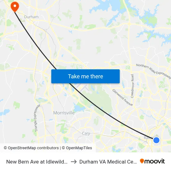 New Bern Ave at Idlewild Ave to Durham VA Medical Center map