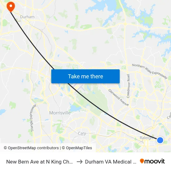 New Bern Ave at N King Charles Rd to Durham VA Medical Center map