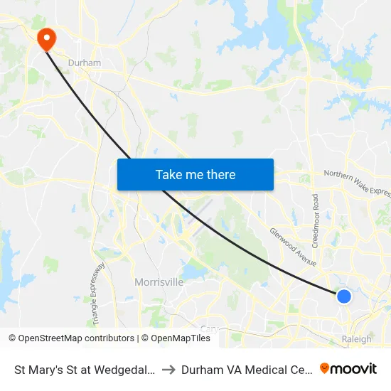 St Mary's St at Wedgedale Dr to Durham VA Medical Center map