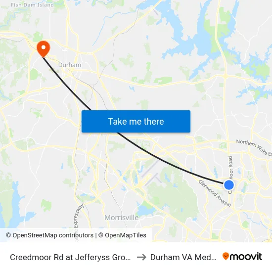 Creedmoor Rd at Jefferyss Grove School Rd (Sb) to Durham VA Medical Center map