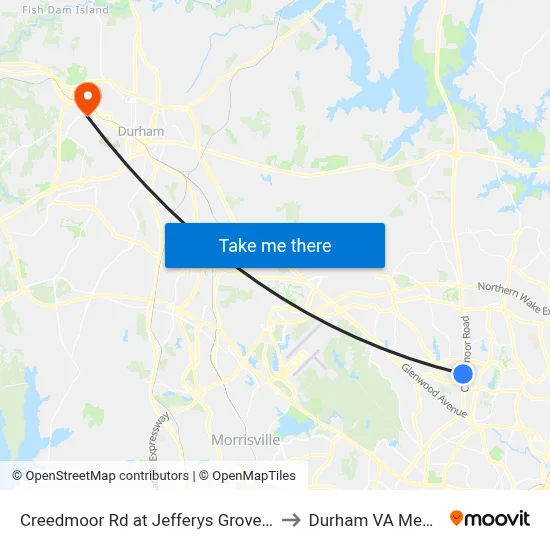 Creedmoor Rd at Jefferys Grove School Rd (Beverly to Durham VA Medical Center map