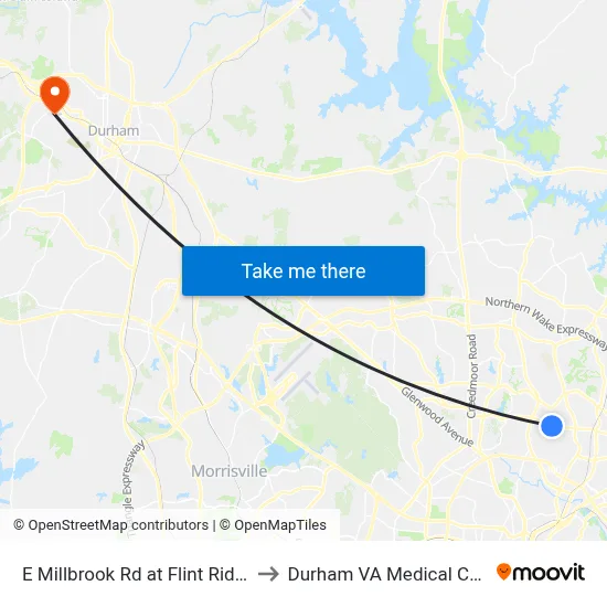 E Millbrook Rd at Flint Ridge Pl to Durham VA Medical Center map