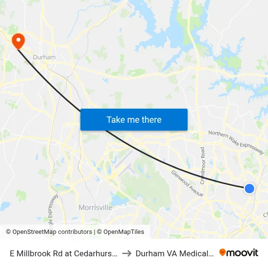 E Millbrook Rd at Cedarhurst Dr (Wb) to Durham VA Medical Center map