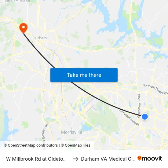 W Millbrook Rd at Oldetowne Rd to Durham VA Medical Center map