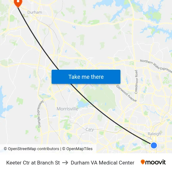 Keeter Ctr at Branch St to Durham VA Medical Center map
