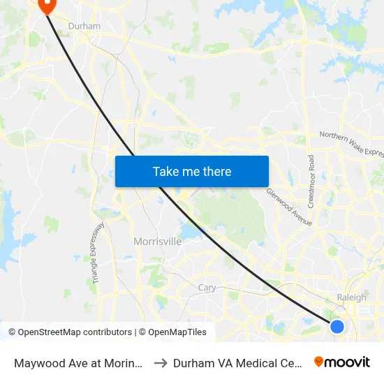 Maywood Ave at Moring St to Durham VA Medical Center map