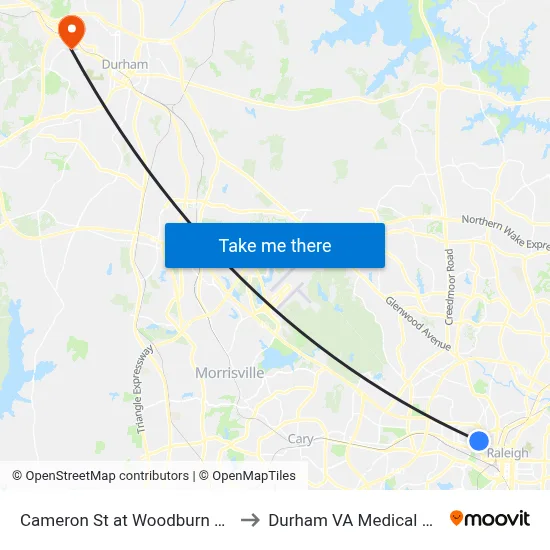 Cameron St at Woodburn Rd (Eb) to Durham VA Medical Center map