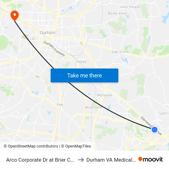 Arco Corporate Dr at Brier Creek Pkwy to Durham VA Medical Center map