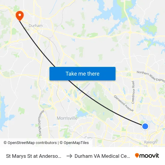 St Marys St at Anderson Dr to Durham VA Medical Center map