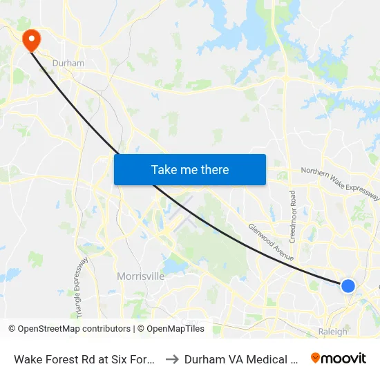 Wake Forest Rd at Six Forks (Sb) to Durham VA Medical Center map