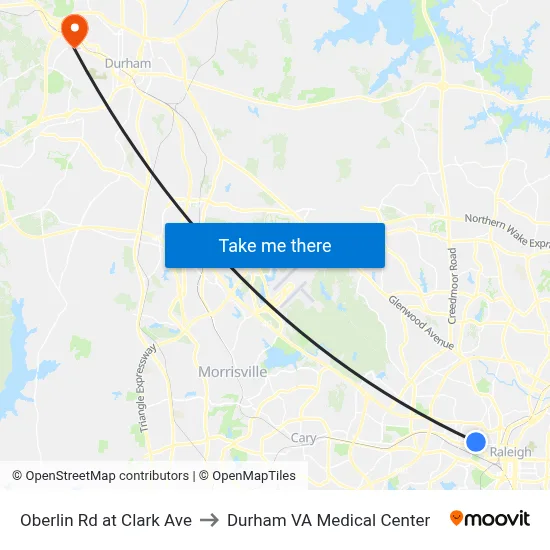 Oberlin Rd at Clark Ave to Durham VA Medical Center map