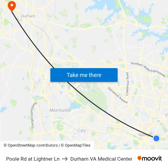 Poole Rd at Lightner Ln to Durham VA Medical Center map