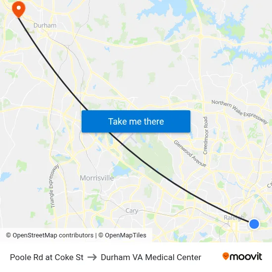 Poole Rd at Coke St to Durham VA Medical Center map