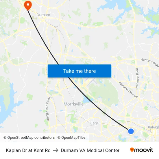 Kaplan Dr at Kent Rd to Durham VA Medical Center map