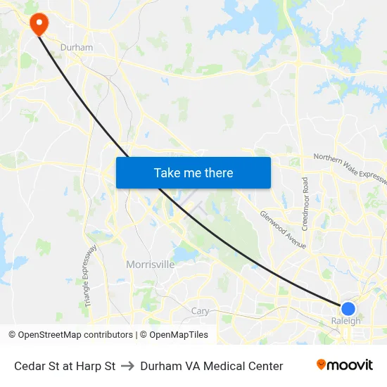Cedar St at Harp St to Durham VA Medical Center map
