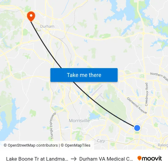Lake Boone Tr at Landmark Dr to Durham VA Medical Center map